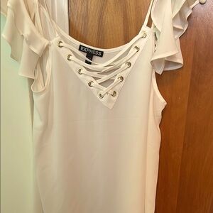 Express Cream Sleeveless Ruffled Tie Front Blouse